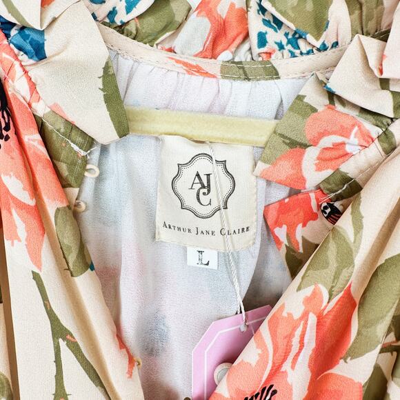 NWT Arthur Jane Claire Ruffle Neck Floral Long Sleeve Button Up Midi Dress Large - Picture 13 of 14